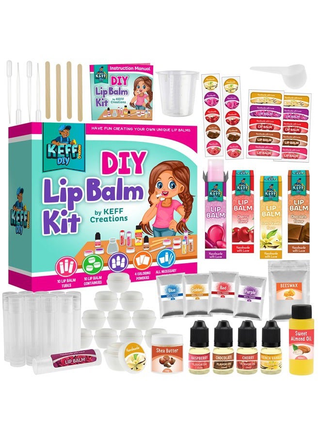 KEFF 51Pcs Lip Balm Making Kit - DIY Set for Natural Ingredients - Make Your Own Lip Gloss & Lip Balm for Kids Makeup Kit with Beeswax, Shea Butter, Flavor Oils, Mica Color Powders - Image 1