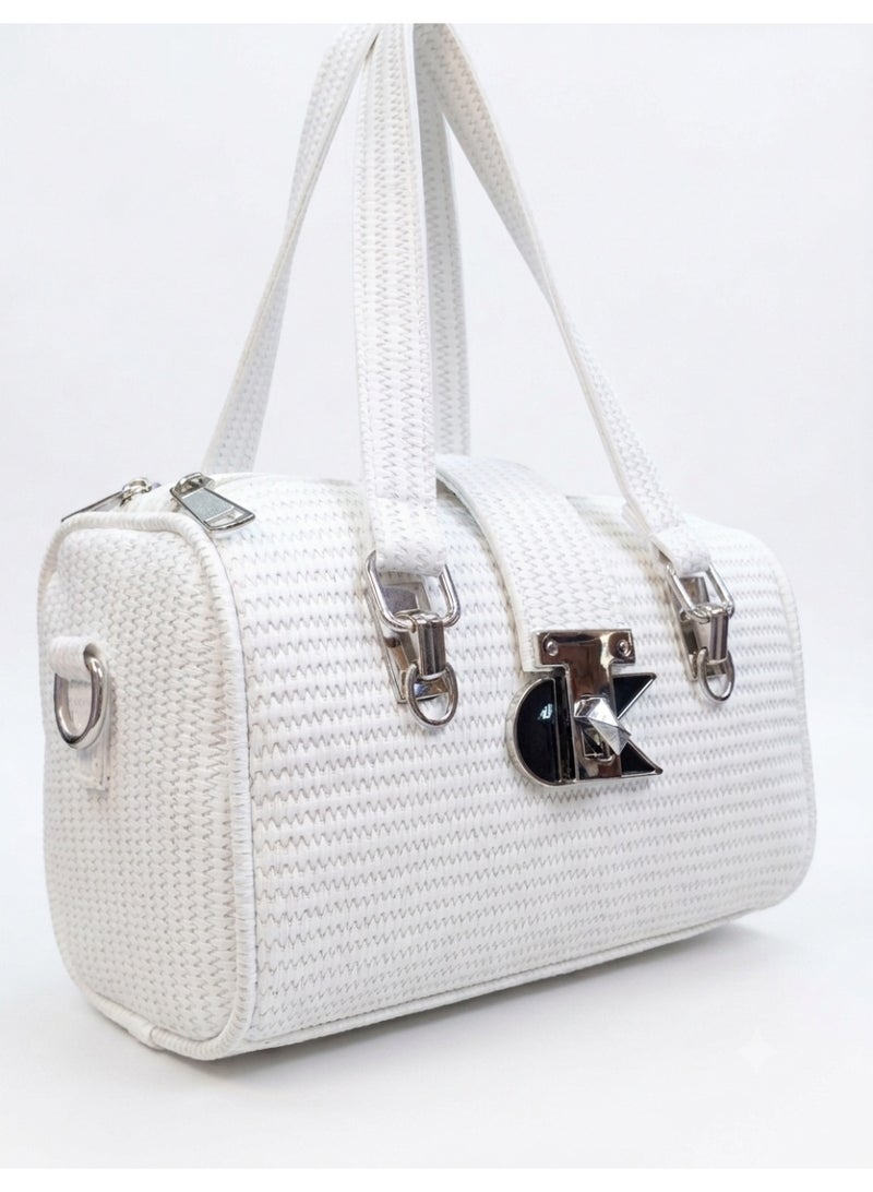 Women's Small Handbag,Woven Design, Silver Metal Accessories (White)
