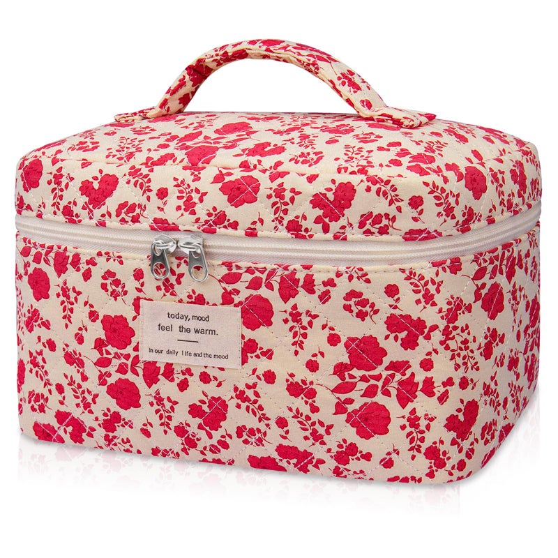 Gosect Large Makeup Bag, Cute Cosmetic Bag for Women Girls, Floral Coquette Aesthetic Toiletry Bag, Travel Make Up Organizer Bag (Pink Rose) - Image 1