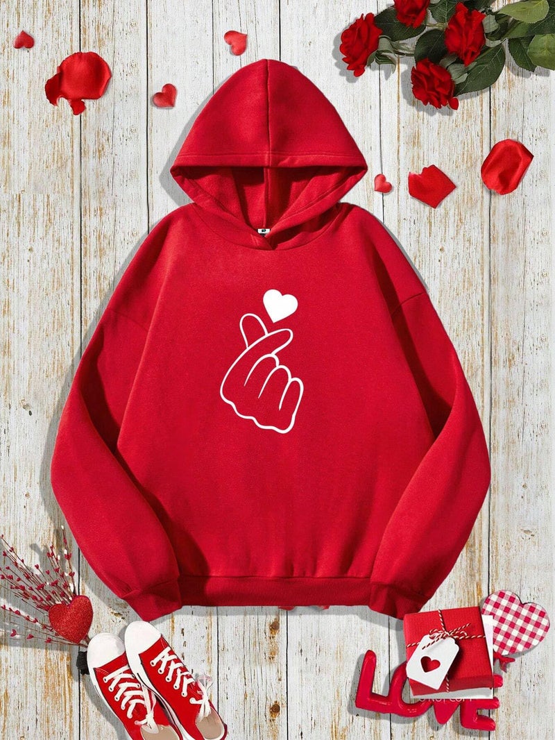 SXV STYLE SXV Casual Minimalist Heart Print Couple Red Hoodie, Loose Fit Thick Valentine Day Sweatshirt for Women, Valentine's Day (in, Alpha, 2XL, Regular, Red-Girl) - Image 2
