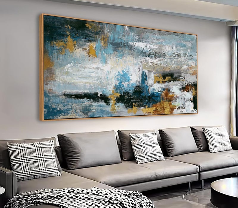 EMODA Framed Blue Grey Brown Modern Abstract Canvas Print – Large Wall Art Décor, 60x120 cm - Image 1