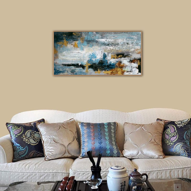 EMODA Framed Blue Grey Brown Modern Abstract Canvas Print – Large Wall Art Décor, 60x120 cm - Image 4