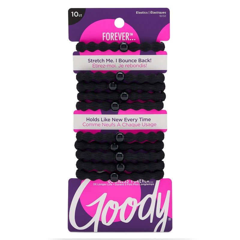Goody Ouchless Forever Hair Elastics, 10 Ct, Black, Damage-Free Bands, 3X Stronger Elastic Ties, Retainable Shape, 16 Strand Inner Core, Styling Accessories for Women & Men, All Hair Types - Image 1