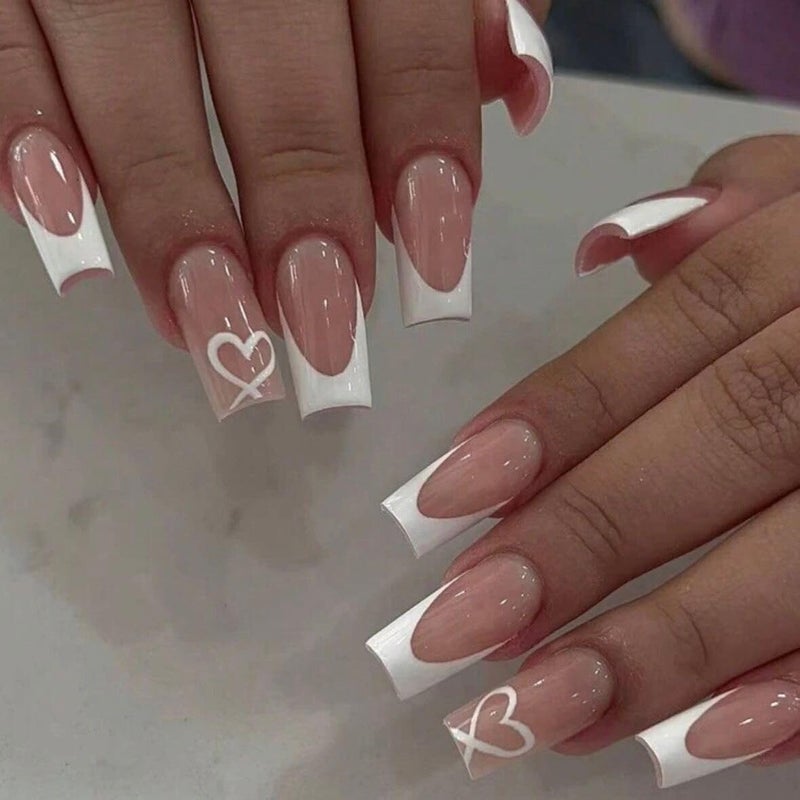 CTTHNBD White French Tip Press on Nails Coffin Medium With Heart Design Glue on Glossy Full Cover Cute Acrylic for Women Manicure Kit 24Pcs - Image 1