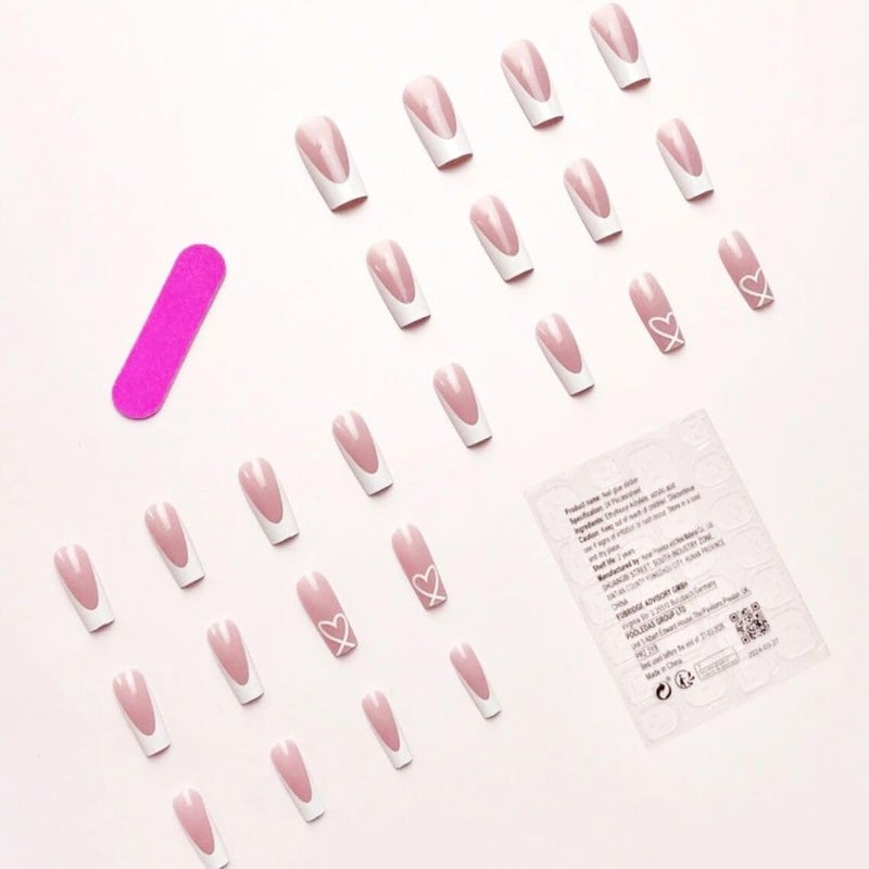 CTTHNBD White French Tip Press on Nails Coffin Medium With Heart Design Glue on Glossy Full Cover Cute Acrylic for Women Manicure Kit 24Pcs - Image 3