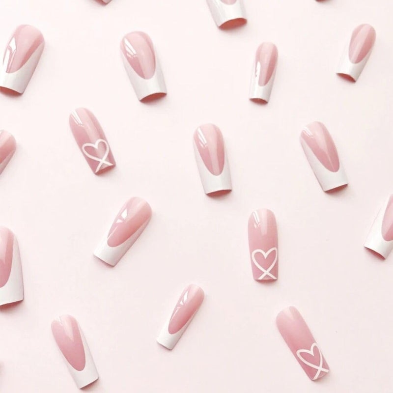 CTTHNBD White French Tip Press on Nails Coffin Medium With Heart Design Glue on Glossy Full Cover Cute Acrylic for Women Manicure Kit 24Pcs - Image 2
