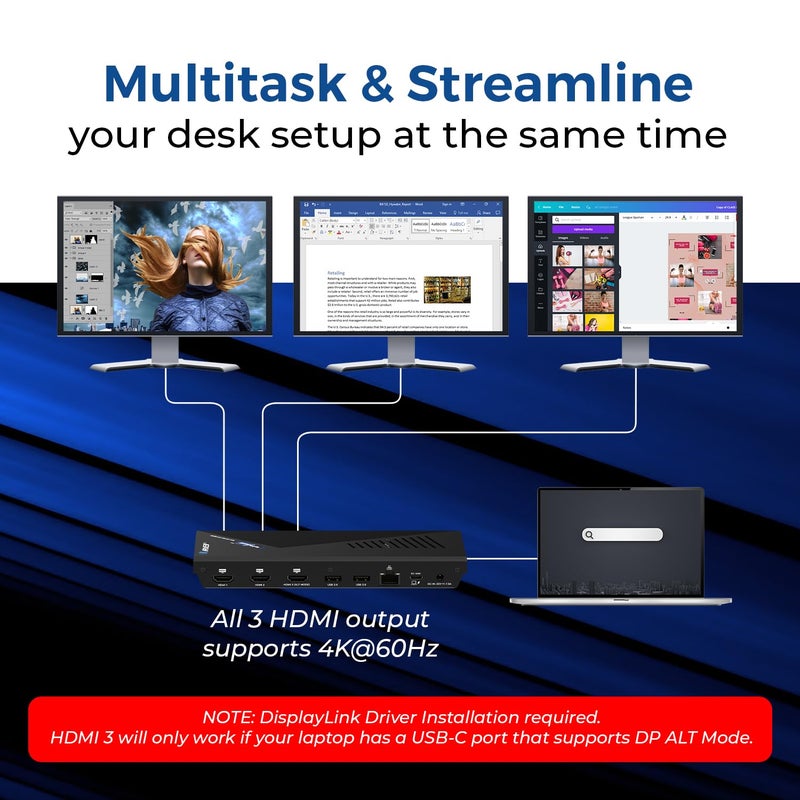 OREI SplitExtend 14 in 1 DisplayLink Docking Station 3 Monitorsâ€“ 3X 4K@60hz Multi Monitor â€“ 6X USB, Ethernet, SD/TF, 100W PD, Audio/Mic â€“ Laptop Docking Station with MacOS/Windows Support - Image 3