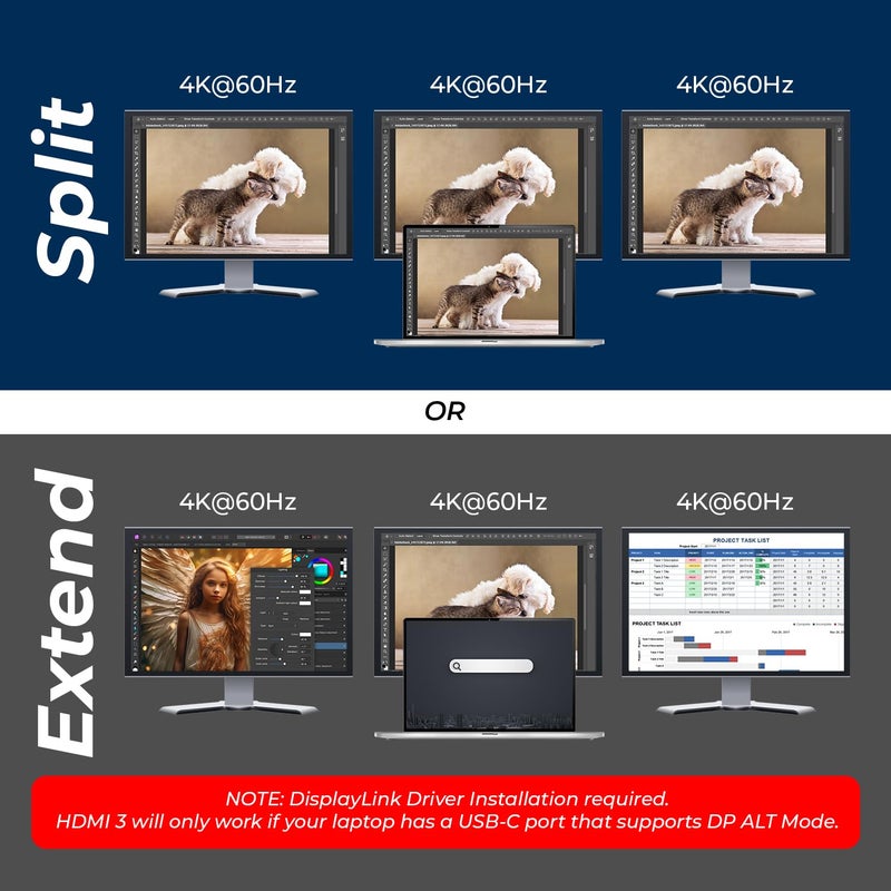 OREI SplitExtend 14 in 1 DisplayLink Docking Station 3 Monitorsâ€“ 3X 4K@60hz Multi Monitor â€“ 6X USB, Ethernet, SD/TF, 100W PD, Audio/Mic â€“ Laptop Docking Station with MacOS/Windows Support - Image 4