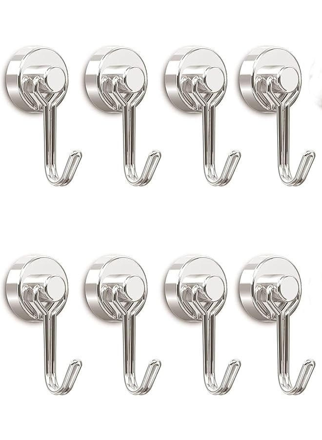 promass 8 Pack Magnetic Hooks, Heavy Duty Strong Neodymium Magnet Hook 30 Lbs with Rust Proof for Indoor Outdoor Hanging, Refrigerator, Grill, Kitchen, Key Holder, Locker, Classroom (Silver) - Image 1