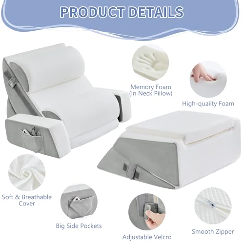 Paxato 9PCS Wedge Pillow Set for After Surgery Recovery, Adjustable Memory Foam Neck Pillow, Foam Leg Pillow, Relieves Neck, Leg Pain, Sleep Apnea, and Functions as a Reading Pillow, Gray - Image 3
