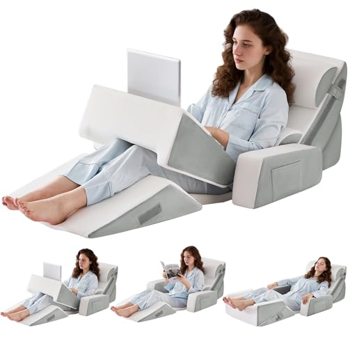 Paxato 9PCS Wedge Pillow Set for After Surgery Recovery, Adjustable Memory Foam Neck Pillow, Foam Leg Pillow, Relieves Neck, Leg Pain, Sleep Apnea, and Functions as a Reading Pillow, Gray - Image 1