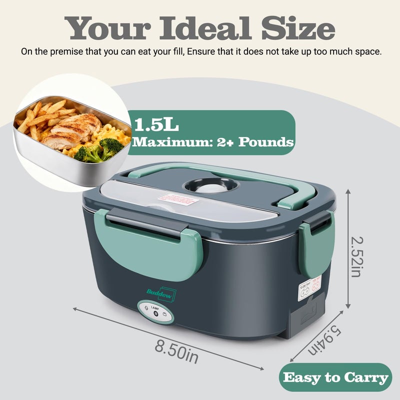 Buddew Electric Heated Lunch Box for Adults - 80W Fast Heating, 1.5L Food-Grade Stainless Steel, 12V/24V/110V Portable Food Warmer for Work Travel Car, Lonchera Electrica Portatil (Green) - Image 3