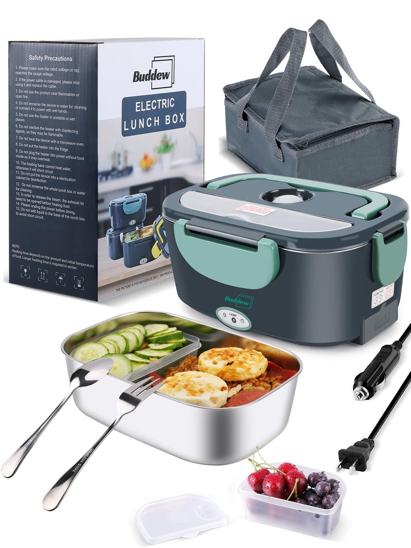 Buddew Electric Heated Lunch Box for Adults - 80W Fast Heating, 1.5L Food-Grade Stainless Steel, 12V/24V/110V Portable Food Warmer for Work Travel Car, Lonchera Electrica Portatil (Green) - Image 1