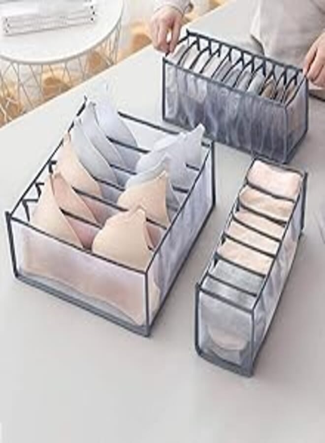 RIANZ Underwear Drawer Organizer Set- Foldable Underwear Storage Divider Boxes Includes 6/7/11 Cell Collapsible Closet Compartments for Socks Bras Ties Lingerie Scarves Organizing (Pack of 3)