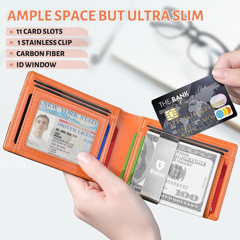 GSOIAX Men's Slim RFID Blocking Leather Wallet with Money Clip Minimalist Carbon Fiber Bifold Credit Card Holder 11 Card Slots Gift Box Included(Leather Brown), Carbon Orange, Slim - Image 3