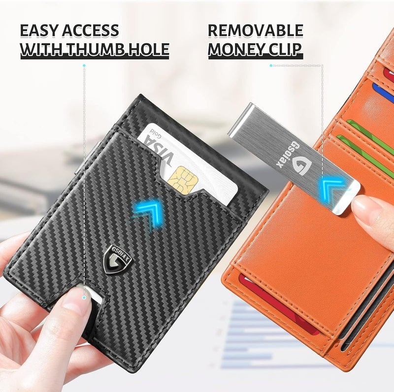 GSOIAX Men's Slim RFID Blocking Leather Wallet with Money Clip Minimalist Carbon Fiber Bifold Credit Card Holder 11 Card Slots Gift Box Included(Leather Brown), Carbon Orange, Slim - Image 5