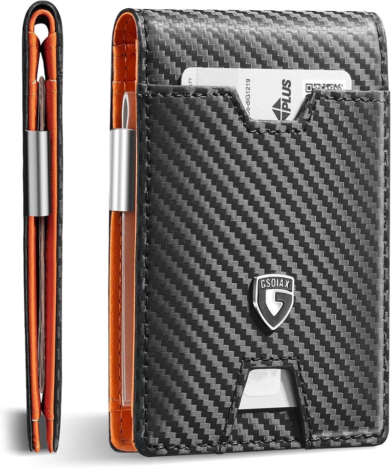 GSOIAX Men's Slim RFID Blocking Leather Wallet with Money Clip Minimalist Carbon Fiber Bifold Credit Card Holder 11 Card Slots Gift Box Included(Leather Brown), Carbon Orange, Slim - Image 1