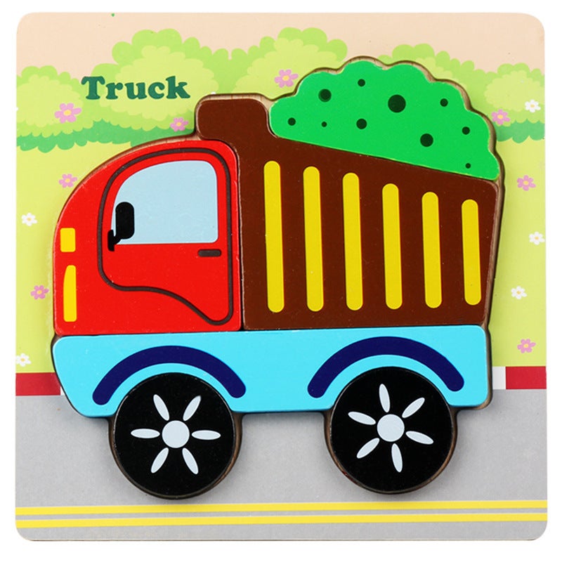 Wooden 3D Three-Dimensional Puzzle Children'S Educational Toys Baby Early Education Cartoon Animal Traffic Puzzle Hand-Held Plate - Image 1