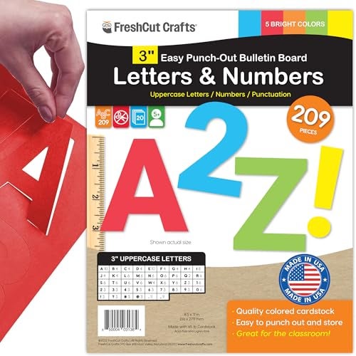 FreshCut Crafts 209 Pcs 3" Bright Bulletin Board Letters & Numbers, Capital, Numbers, Punctuation, US Made Card Stock Punch Out Letters for Poster, Bulletin Board, Classroom - Precut - Image 1