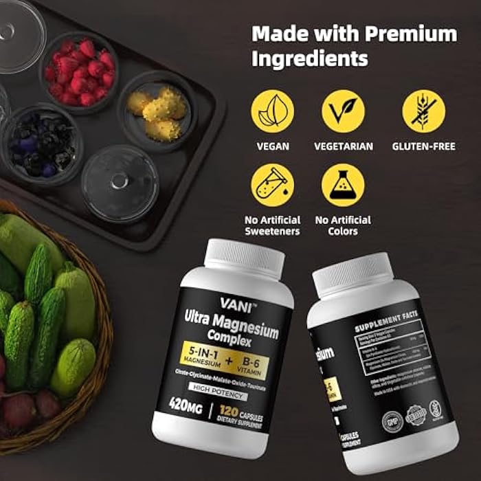 Vani Magnesium Glycinate, （420mg） 5 in 1 Magnesium Complex & B6 Supplement for Nerve, Heart, Muscle Health & Relaxation*, Maximum Bioavailability & Absorption, Gluten Free, 120 Vegan Capsules - Image 2