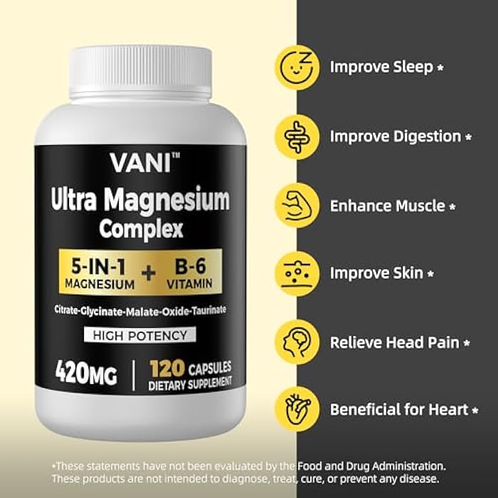 Vani Magnesium Glycinate, （420mg） 5 in 1 Magnesium Complex & B6 Supplement for Nerve, Heart, Muscle Health & Relaxation*, Maximum Bioavailability & Absorption, Gluten Free, 120 Vegan Capsules - Image 3