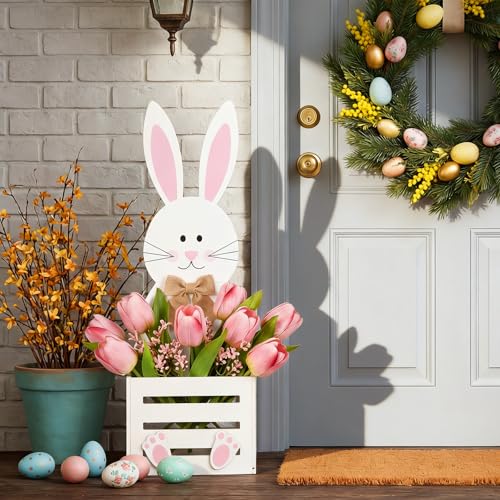 Teecyhooo Large Easter Decorations Outdoor Wooden Bunny Planter Box Flower Pot Easter Bunny Yard Decorationsfor Porch Decor Front Door Outdoor Indoor Patio Lawn Garden Backyard 31.5''h - Image 1