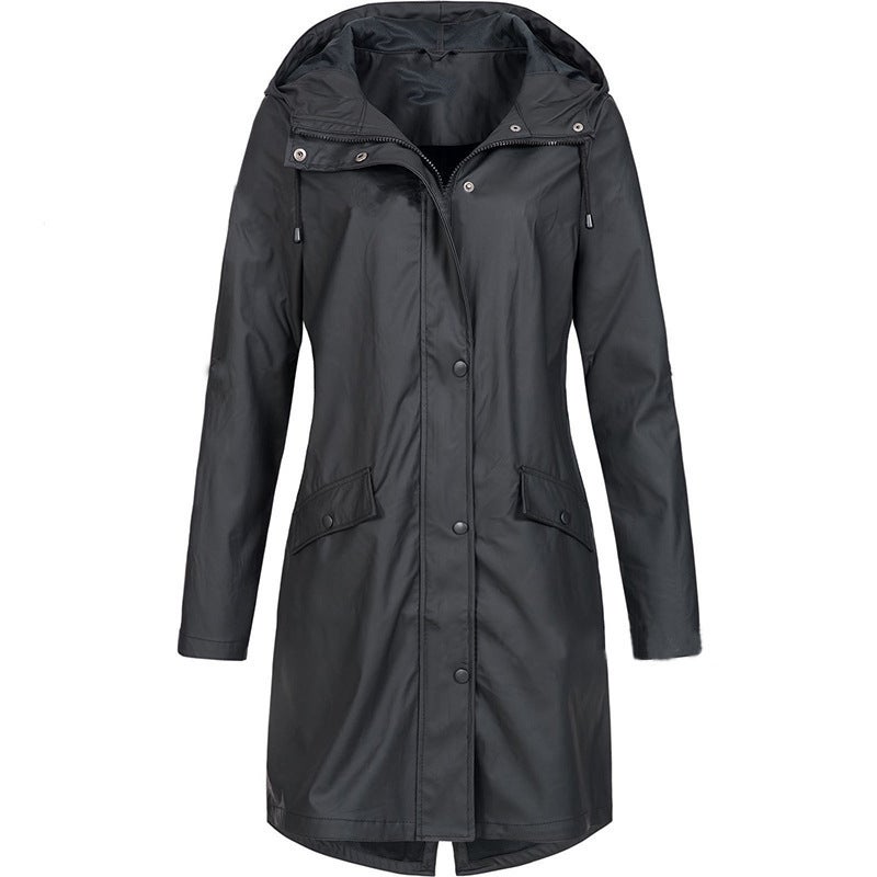 Autumn Winter Womens Long Windbreaker D07 Black 