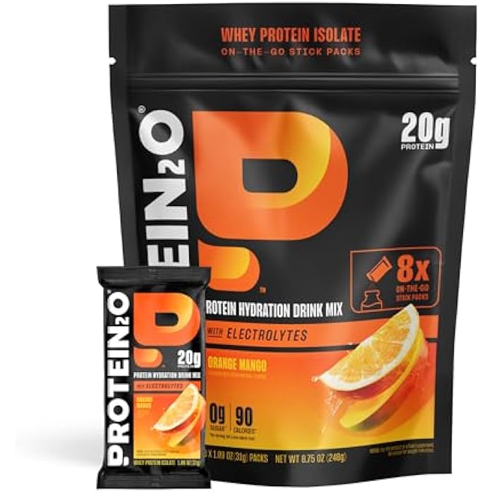 Protein2o 20g Whey Protein Isolate Clear Protein Powder, 370mg of Electrolytes, Vitamins B5 & B6, Sugar Free, Orange Mango, 8-Pack - Image 1