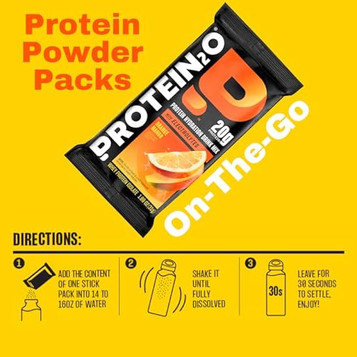Protein2o 20g Whey Protein Isolate Clear Protein Powder, 370mg of Electrolytes, Vitamins B5 & B6, Sugar Free, Orange Mango, 8-Pack - Image 4