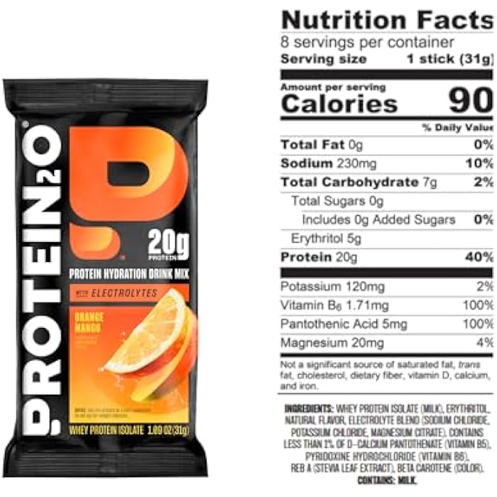 Protein2o 20g Whey Protein Isolate Clear Protein Powder, 370mg of Electrolytes, Vitamins B5 & B6, Sugar Free, Orange Mango, 8-Pack - Image 3