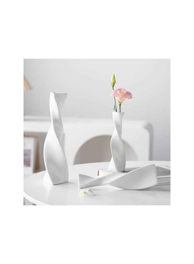 The Bros 3 Pieces Ceramic Twisted Vase Set, 3 Sizes Decorative Tall Slender Vases Set, Modern, Shelf, Table,Room, Office, Living Room, Home Decor, Minimalist Creative Vases (white) - Image 5