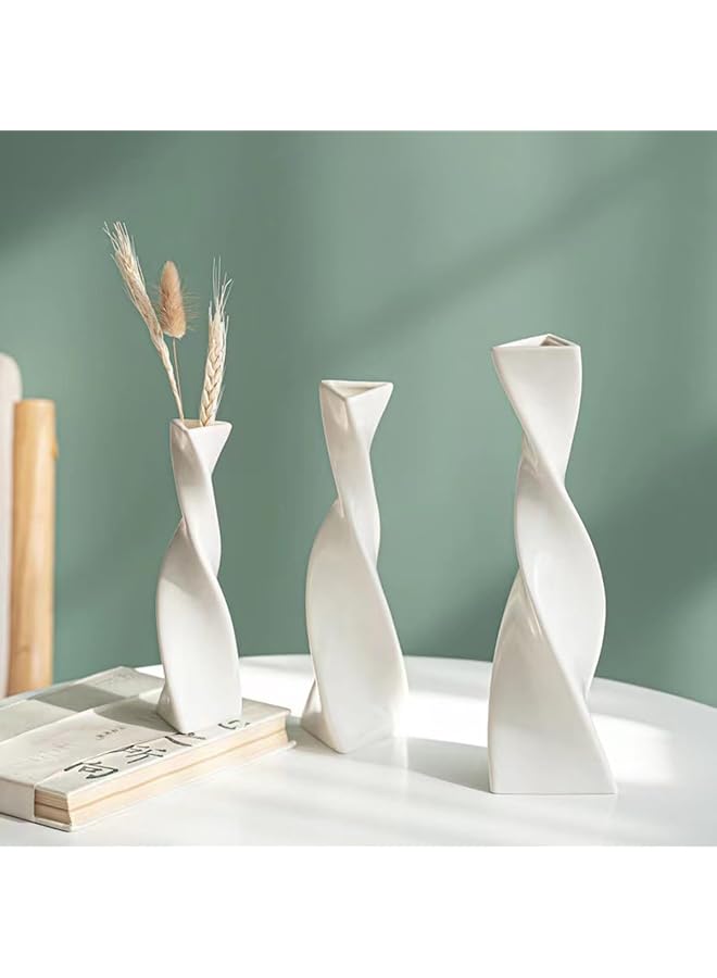 The Bros 3 Pieces Ceramic Twisted Vase Set, 3 Sizes Decorative Tall Slender Vases Set, Modern, Shelf, Table,Room, Office, Living Room, Home Decor, Minimalist Creative Vases (white) - Image 1