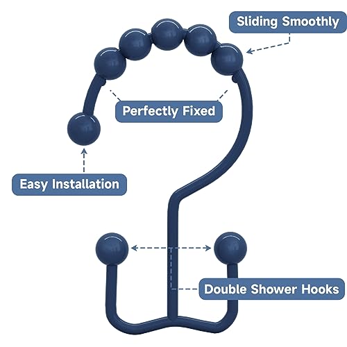 Titanker Shower Curtain Hooks Rings, Rust-Resistant Metal Double Glide Shower Hooks for Bathroom Shower Rods Curtains, Set of 12 Hooks - Navy Blue - Image 4
