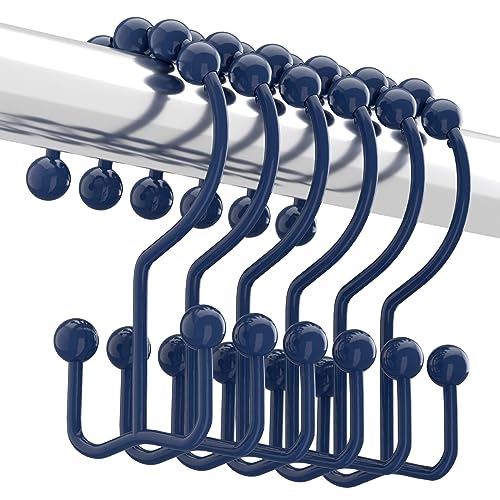 Titanker Shower Curtain Hooks Rings, Rust-Resistant Metal Double Glide Shower Hooks for Bathroom Shower Rods Curtains, Set of 12 Hooks - Navy Blue - Image 1