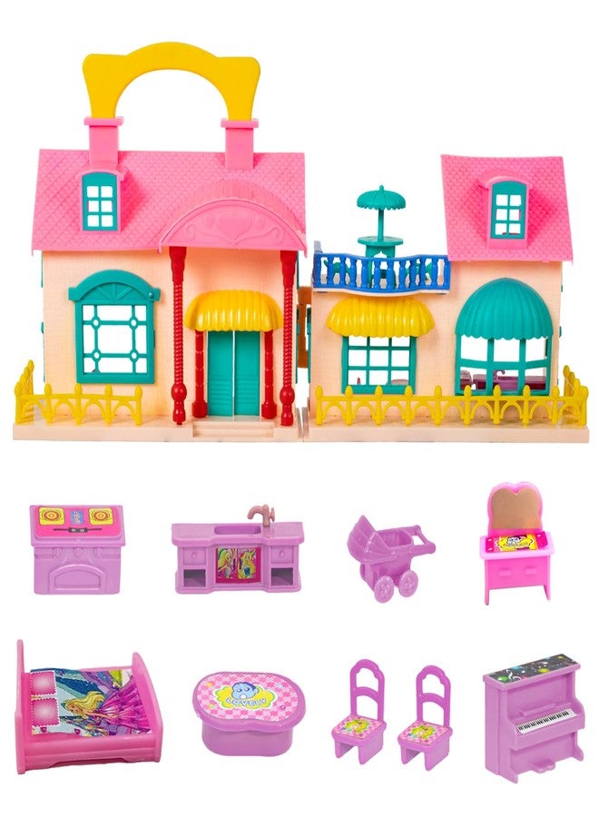 WISHKEY Plastic Doll House for Kids, Role Play Set Dolls House for Girls, Doll House Set with 9 Accessories, Toy House for Girls, Made in India, Pink, 3+ Years (Pack of 1) - Image 1