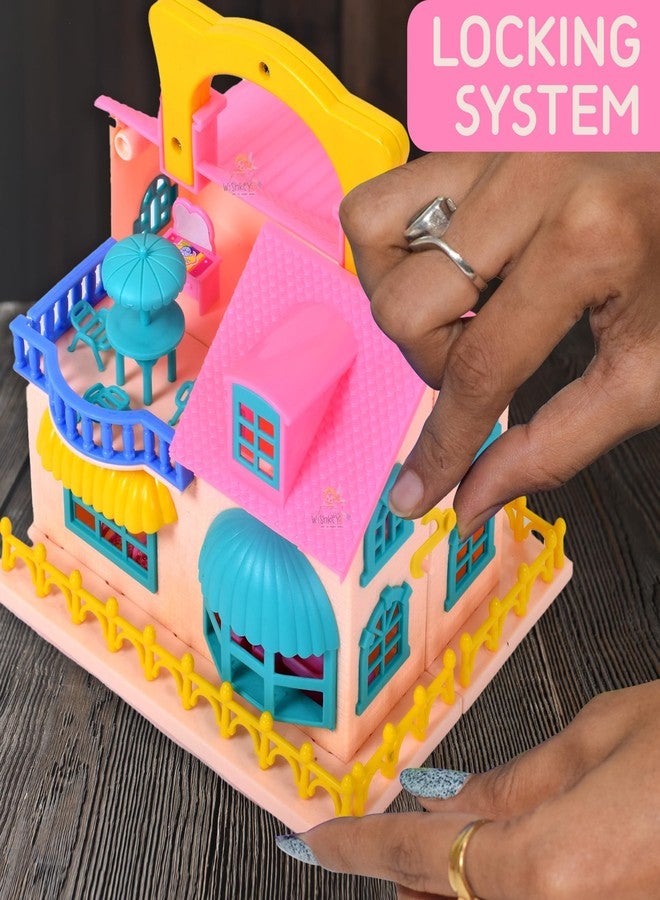 WISHKEY Plastic Doll House for Kids, Role Play Set Dolls House for Girls, Doll House Set with 9 Accessories, Toy House for Girls, Made in India, Pink, 3+ Years (Pack of 1) - Image 4