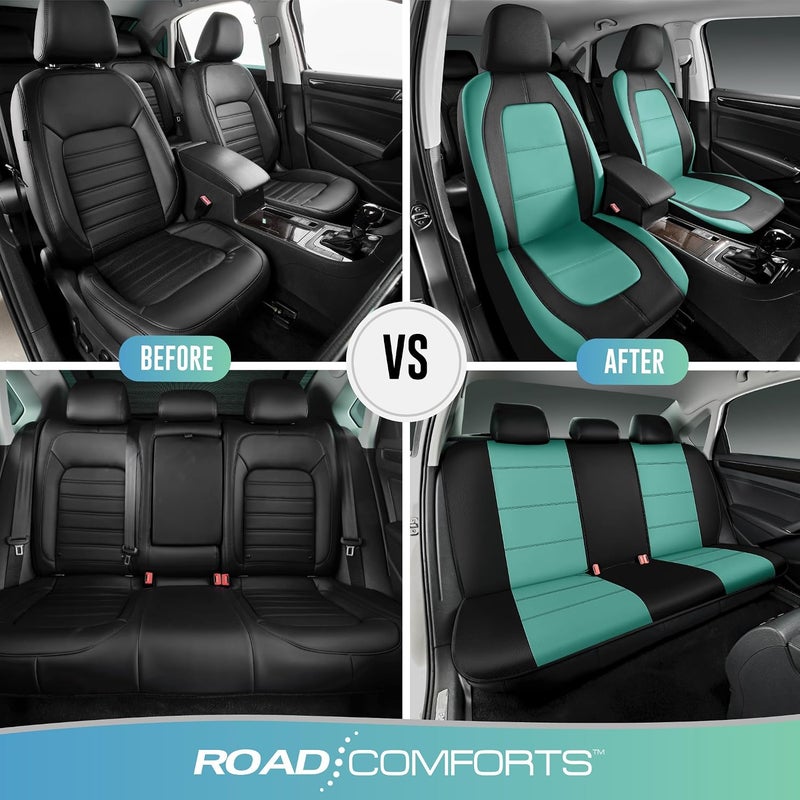 Car Seat Cover, Leather Full Set Car Seat Cover, Automotive Front Rear Seat Covers, Airbag Compatible Universal Fit for Most Cars (Mint) - Image 3