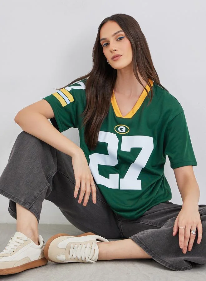 ستايلي Styli Women Dark Green Graphic Print V Neck Oversized T-Shirt