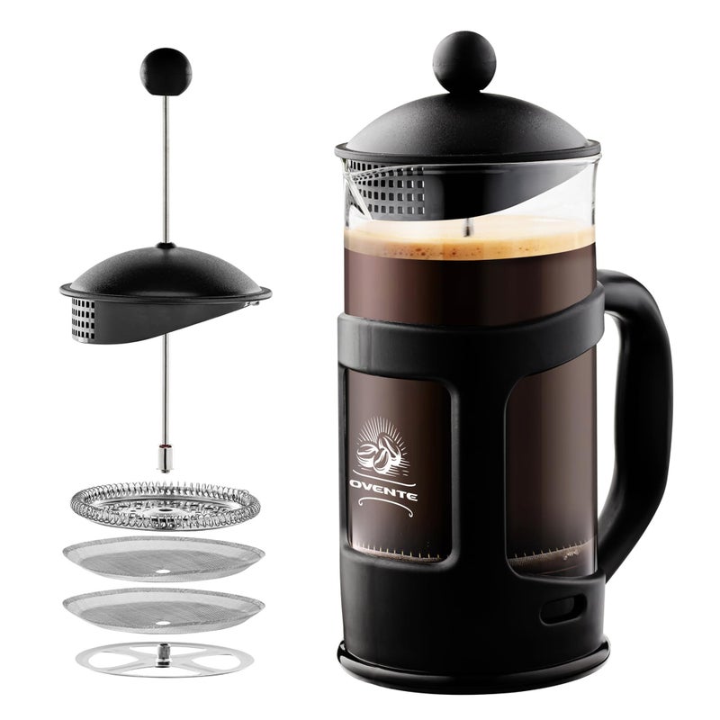 OVENTE French Press Coffee Maker 12 Ounce with Heat Resistant Borosilicate Glass Stainless Steel 4Level Filtration System Portable Cold Brew Coffee Maker for Travel Camping or Gift Black FPT12B