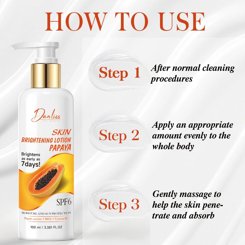 Danliss Papaya Brightening Body Lotion 100ml SPF6 Moisturizes, brightens and evens skin tone all over the body in 7 days - Image 4