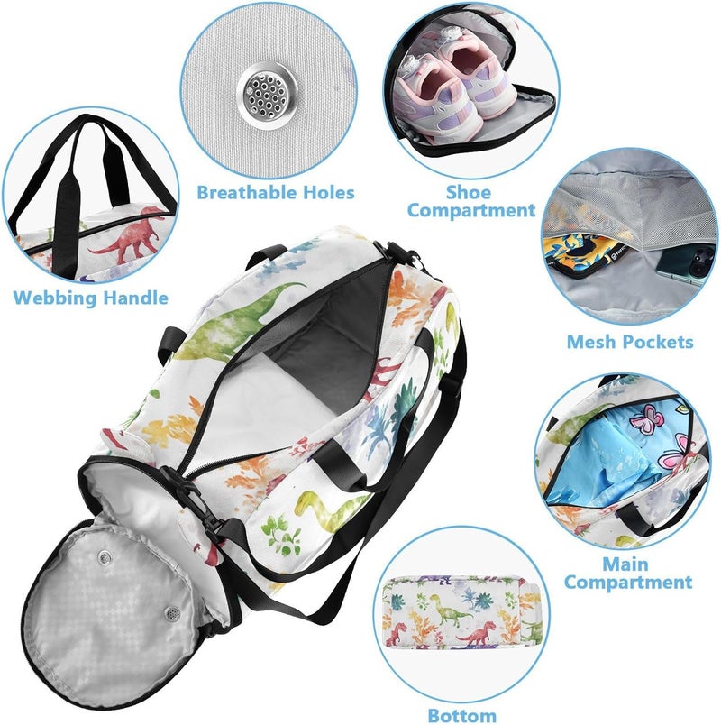 Cartoon Colorful Dinosaurs Kids Duffel Bag with Shoes Compartment Large Capacity Weekender Overnight Dance Bag for Boys and Girls - Image 4