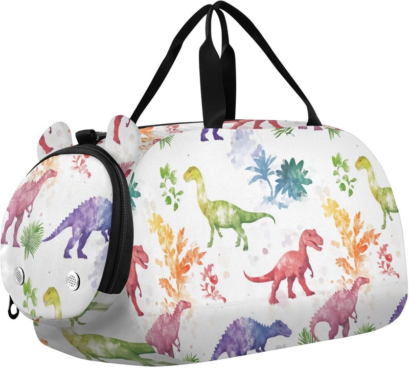 Cartoon Colorful Dinosaurs Kids Duffel Bag with Shoes Compartment Large Capacity Weekender Overnight Dance Bag for Boys and Girls - Image 1
