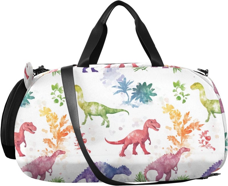 Cartoon Colorful Dinosaurs Kids Duffel Bag with Shoes Compartment Large Capacity Weekender Overnight Dance Bag for Boys and Girls - Image 2