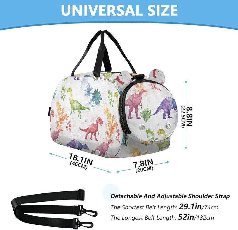 Cartoon Colorful Dinosaurs Kids Duffel Bag with Shoes Compartment Large Capacity Weekender Overnight Dance Bag for Boys and Girls - Image 3