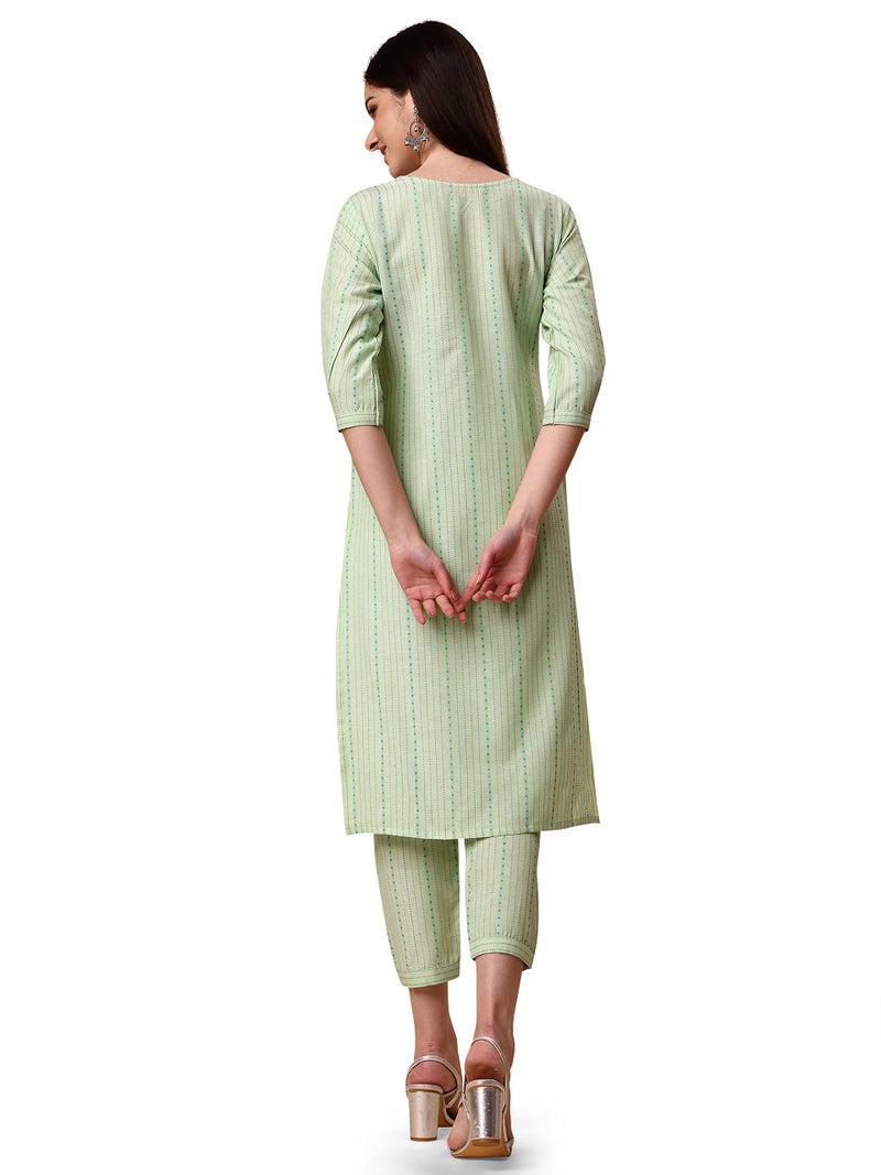 EthnicJunction Womens Cotton Woven Striped Summer Office Wear Straight Kurta With Pant Set | Co-Ord Set Stylish, Medium, Light Green - Image 5
