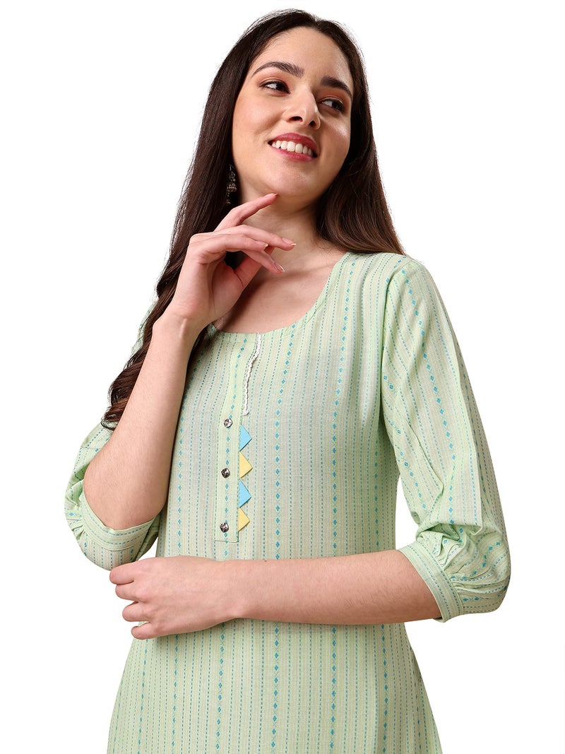 EthnicJunction Womens Cotton Woven Striped Summer Office Wear Straight Kurta With Pant Set | Co-Ord Set Stylish, Medium, Light Green - Image 4