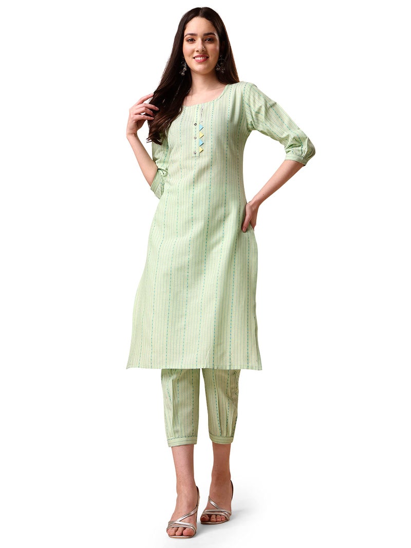 EthnicJunction Womens Cotton Woven Striped Summer Office Wear Straight Kurta With Pant Set | Co-Ord Set Stylish, Medium, Light Green - Image 1