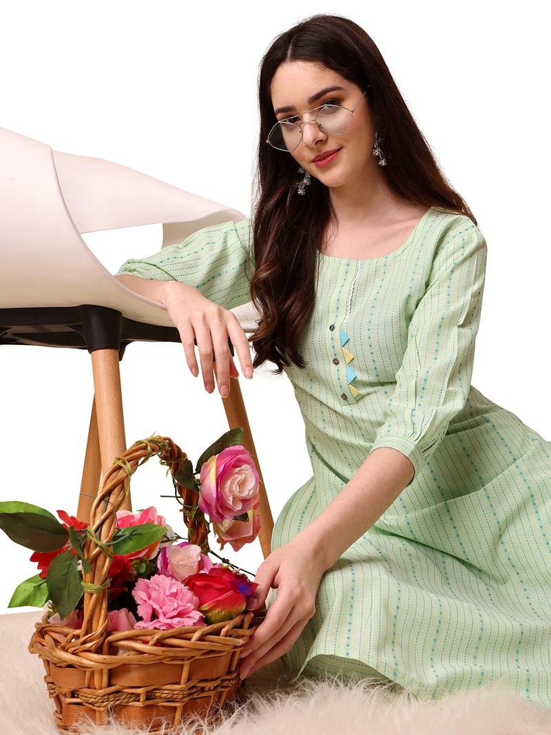 EthnicJunction Womens Cotton Woven Striped Summer Office Wear Straight Kurta With Pant Set | Co-Ord Set Stylish, Medium, Light Green - Image 3