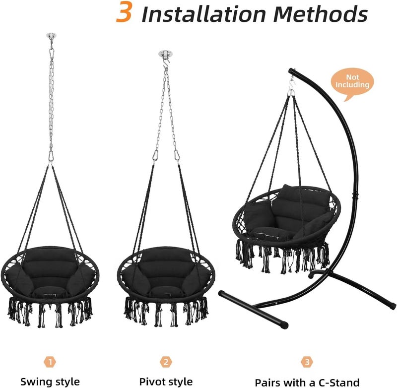 GOUTIME Hammock Chair with Hanging Hardware Kit and Back Cushions,Macrame Boho Swing Chairs for Indoor,Outdoor,Bedroom,Patio,100kg Capacity (Black) - Image 5