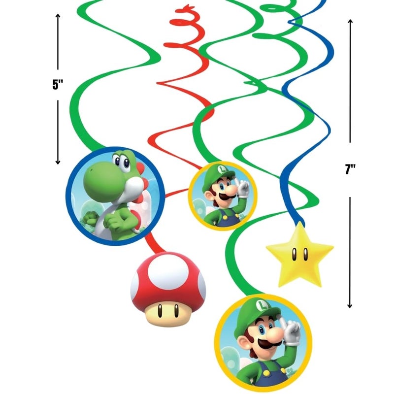 Amscan Swirl Hanging Decorations - 5" & 7" (Pack of 12) - Perfect for Themed Parties & Events, Super Mario Brothers - Image 2
